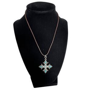 Turquoise Style Cross Pendant Necklace Cord Silver Tone Western Boho Womens